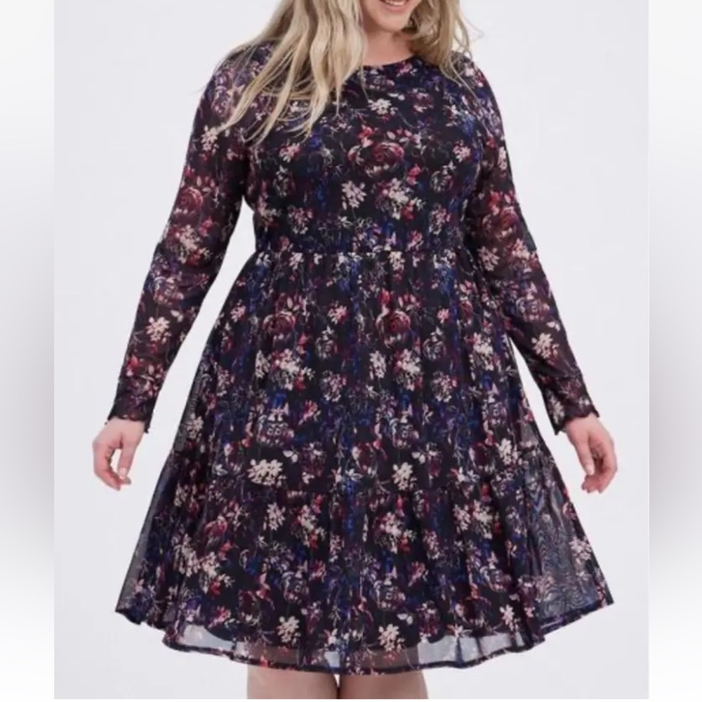Torrid Floral Ruffle Mesh Mini Dress Black Multi Long Sleeves Lined Size 3X NWT